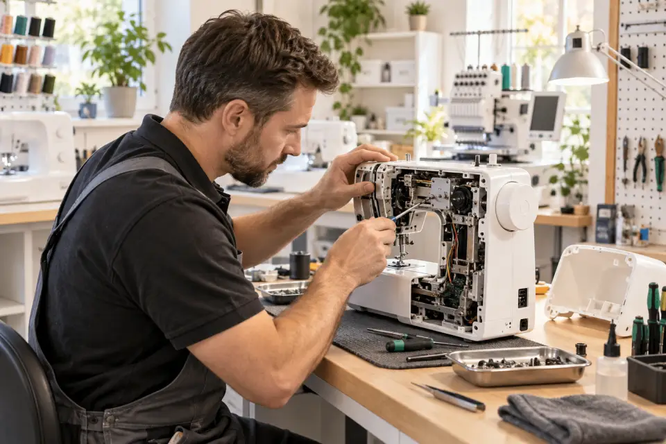 Technik vykonávajúci servis šijacieho stroja